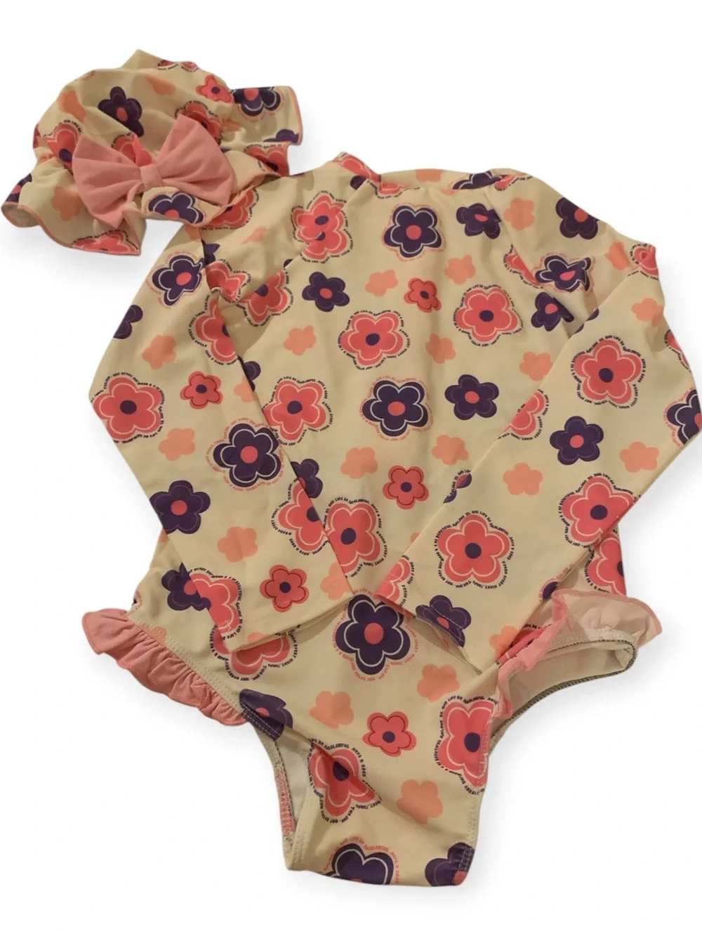Kids Long Sleeve Floral Rash Guard Swimsuit with cap - Pink/Peach